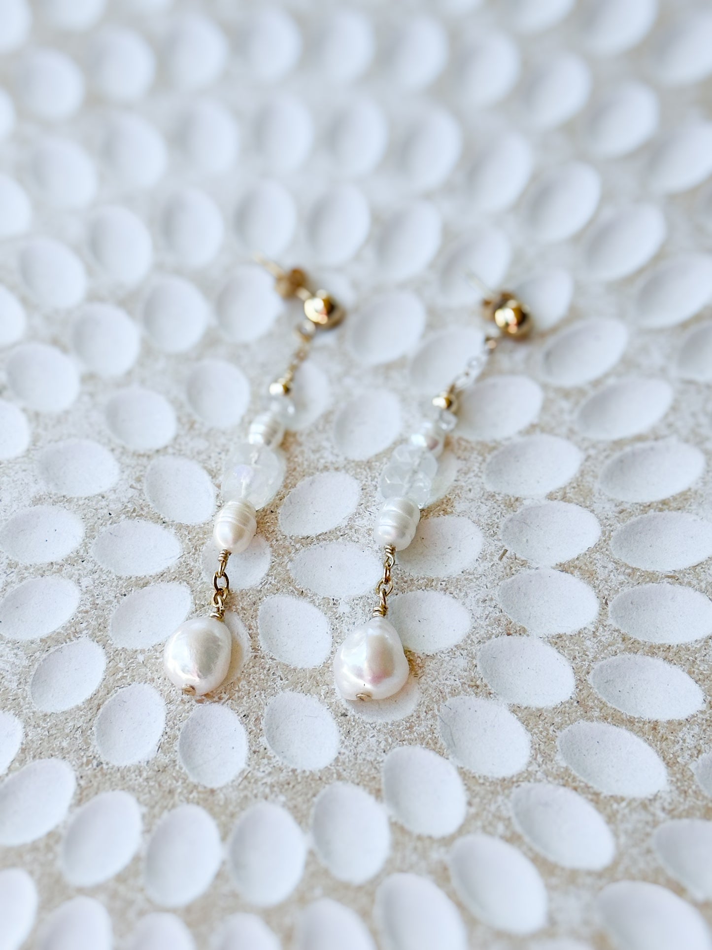 Amaya 14K Filled Gold, Herkimer Diamond, Moonstone and genuine Freshwater Pearl Drop Earrings