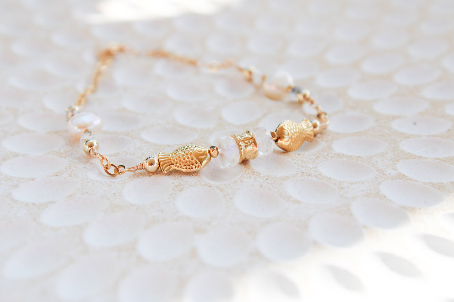 Dagon 14K Filled Gold, Genuine Freshwater Pearl, Moonstone & Herkimer Diamond Tribal Fish Bracelet