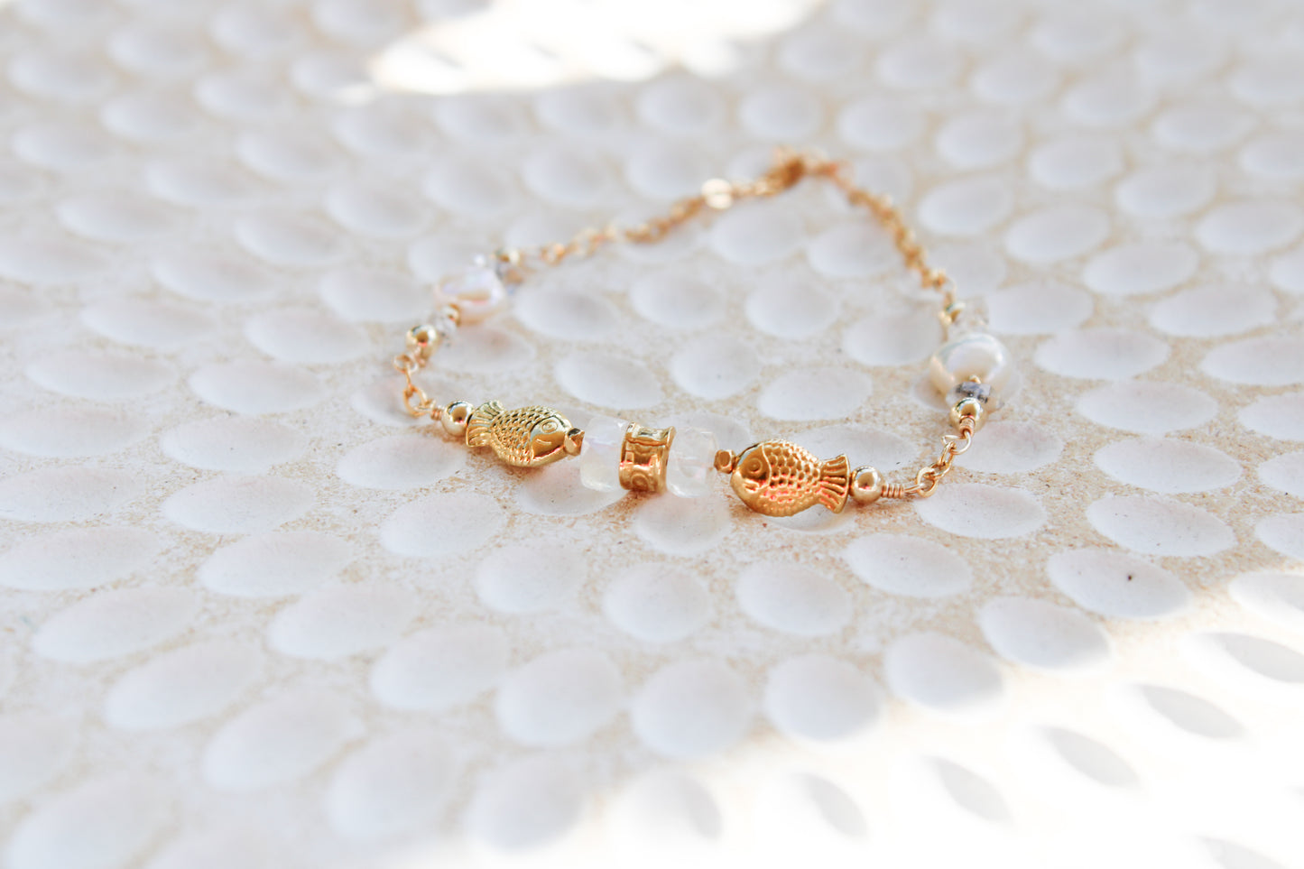 Dagon 14K Filled Gold, Genuine Freshwater Pearl, Moonstone & Herkimer Diamond Tribal Fish Bracelet