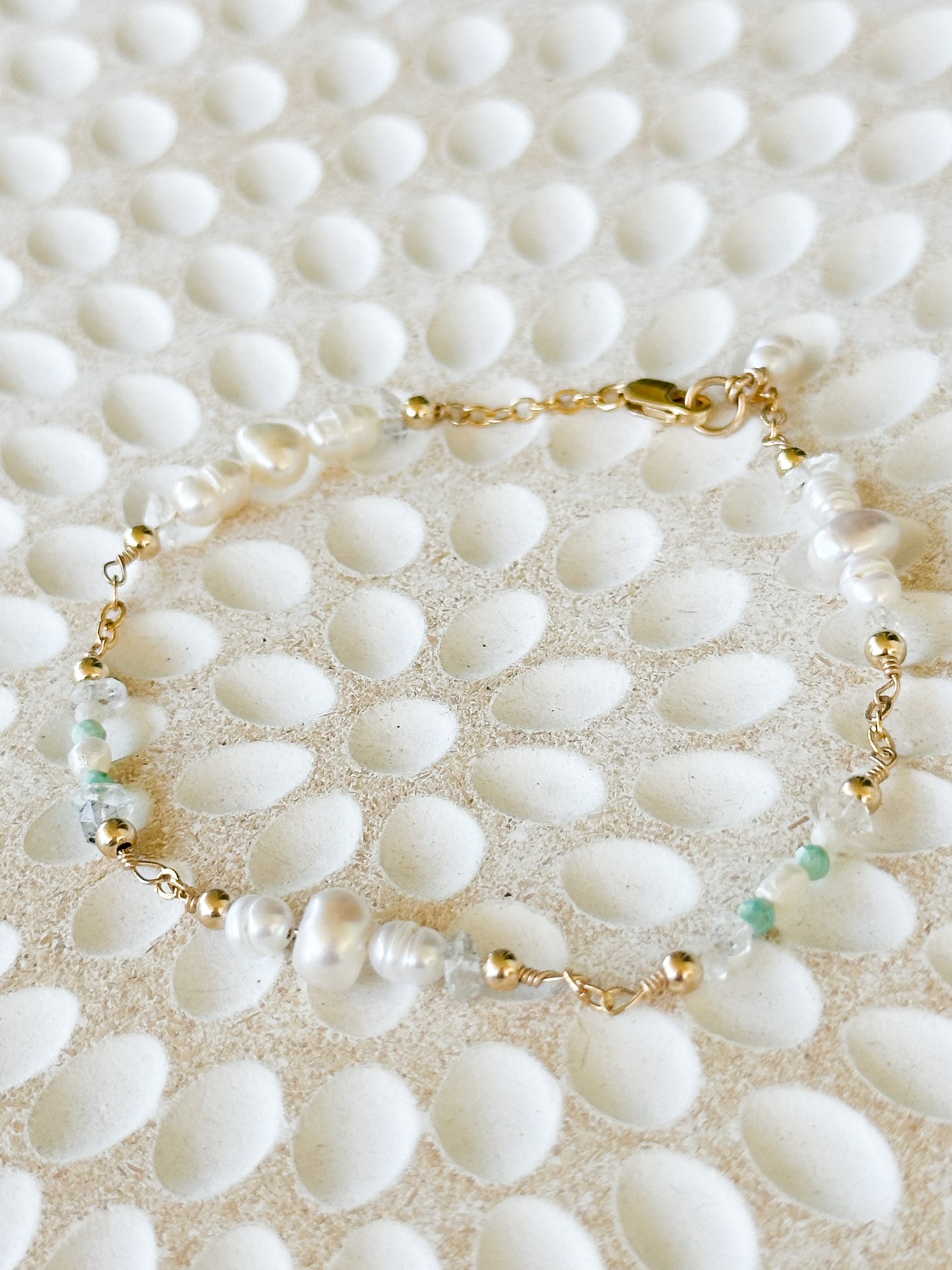 Inti 14K Filled Gold, Herkimer Diamond, Peruvian Turquoise and genuine Freshwater Pearl Bracelet