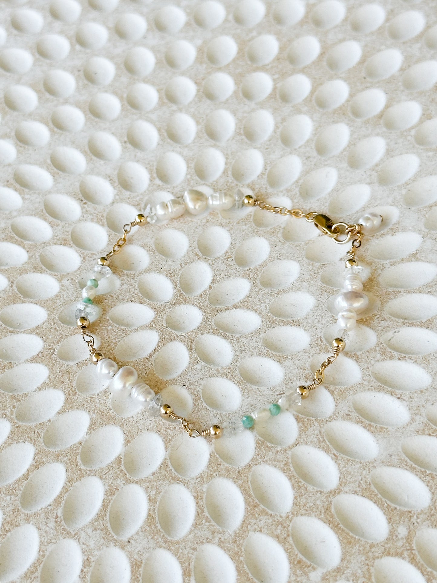 Inti 14K Filled Gold, Herkimer Diamond, Peruvian Turquoise and genuine Freshwater Pearl Bracelet