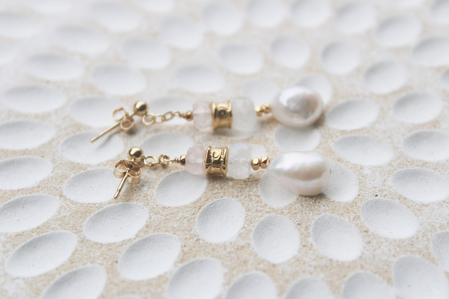 Rome 14K Filled Gold, Moonstone, Rose Quartz and Genuine Freshwater Pearl Drop Earrings