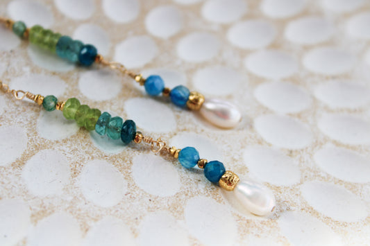 Demeter 14K Filled Gold, Genuine Freshwater Pearl, Blue Agate, Apatite, Peridot & Amazonite Drop Earrings