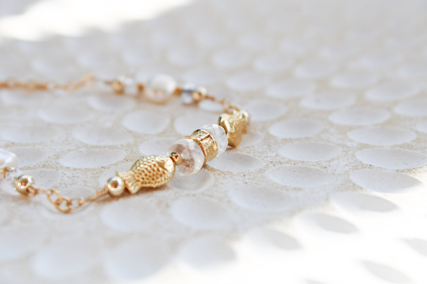 Dagon 14K Filled Gold, Genuine Freshwater Pearl, Moonstone & Herkimer Diamond Tribal Fish Bracelet