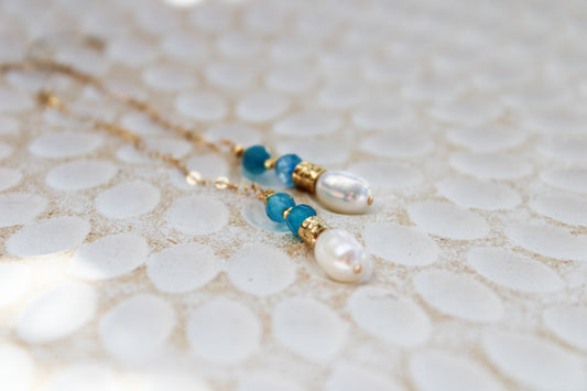Urdina 14K Filled Gold, Genuine Freshwater Pearl & Blue Agate Drop Earrings
