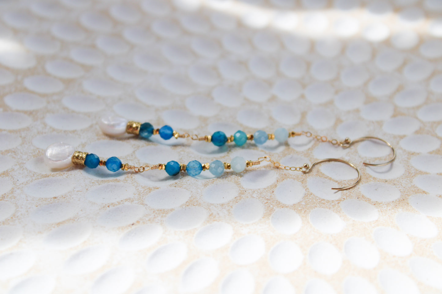 Indigo 14K Filled Gold, Genuine Freshwater Pearl, Blue Agate & Aquamarine Drop Earrings