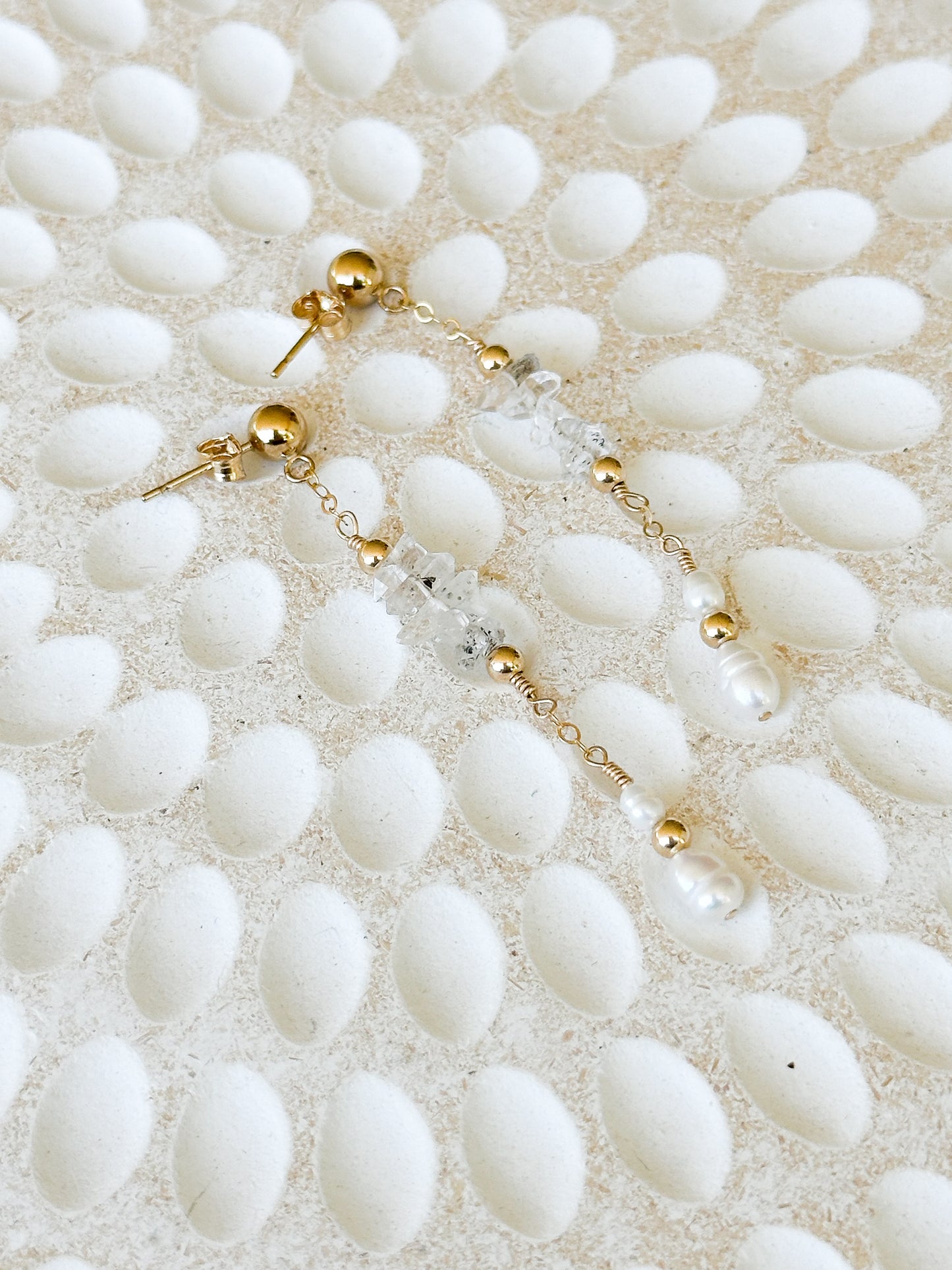 Bridgette 14K Filled Gold, Herkimer Diamond and Genuine Freshwater Pearl Drop Earrings