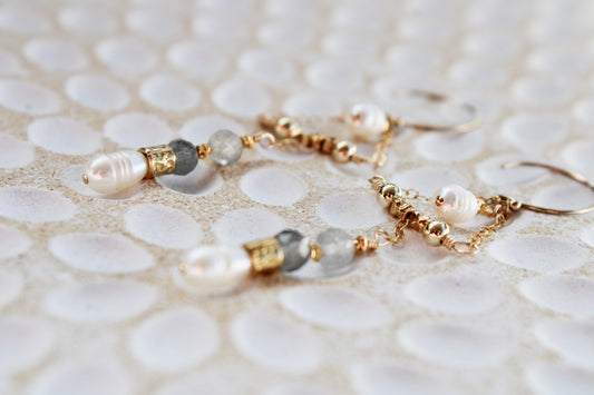 Kalia 14K Filled Gold, Genuine Freshwater Pearl & Labradorite Earrings