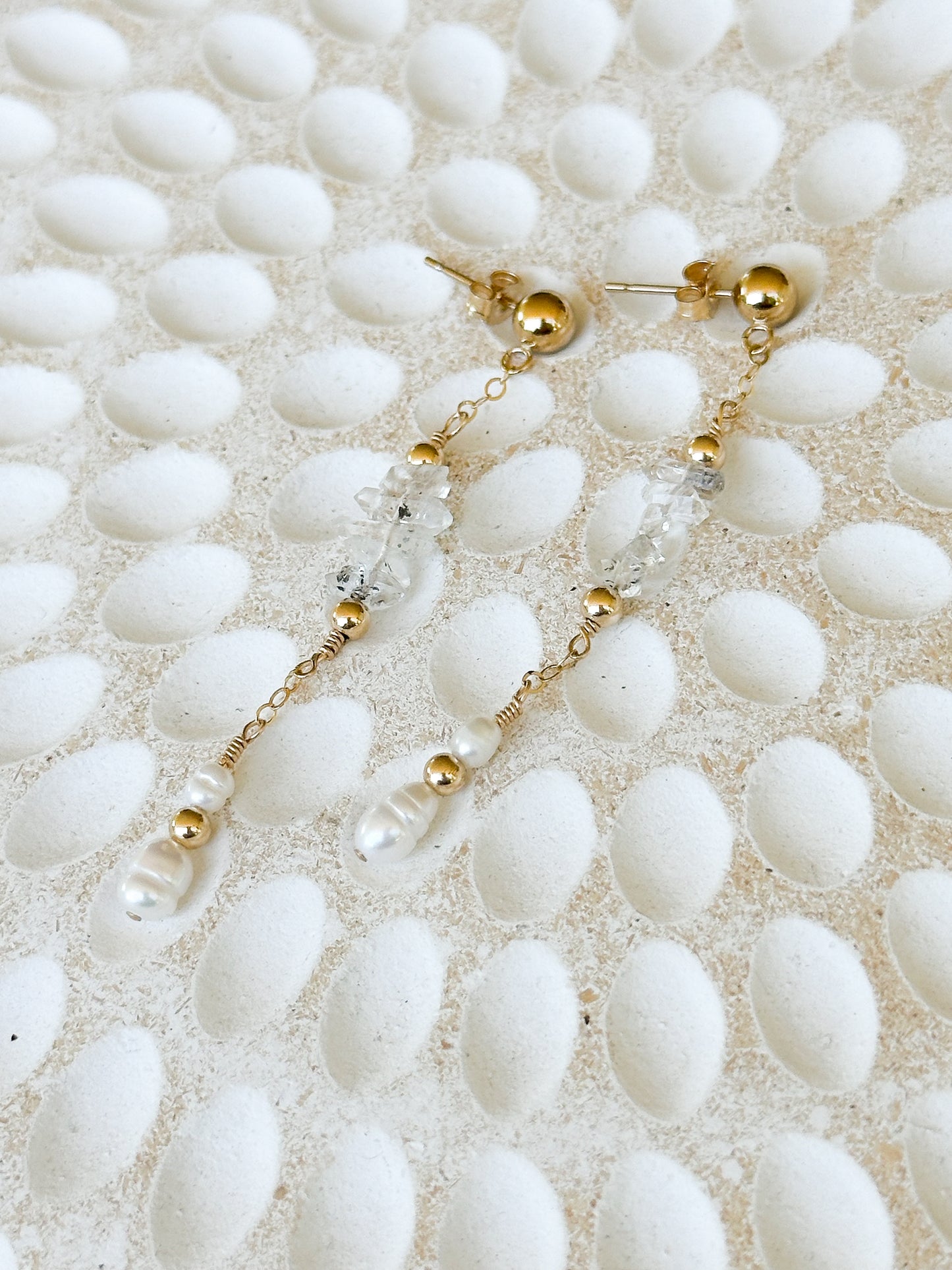Bridgette 14K Filled Gold, Herkimer Diamond and Genuine Freshwater Pearl Drop Earrings