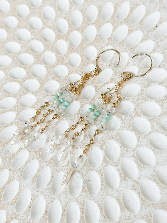 Atira 14K Filled Gold, Herkimer Diamond, Peruvian Turquoise, Moonstone & Genuine Keshi Freshwater Pearl Drop Earrings