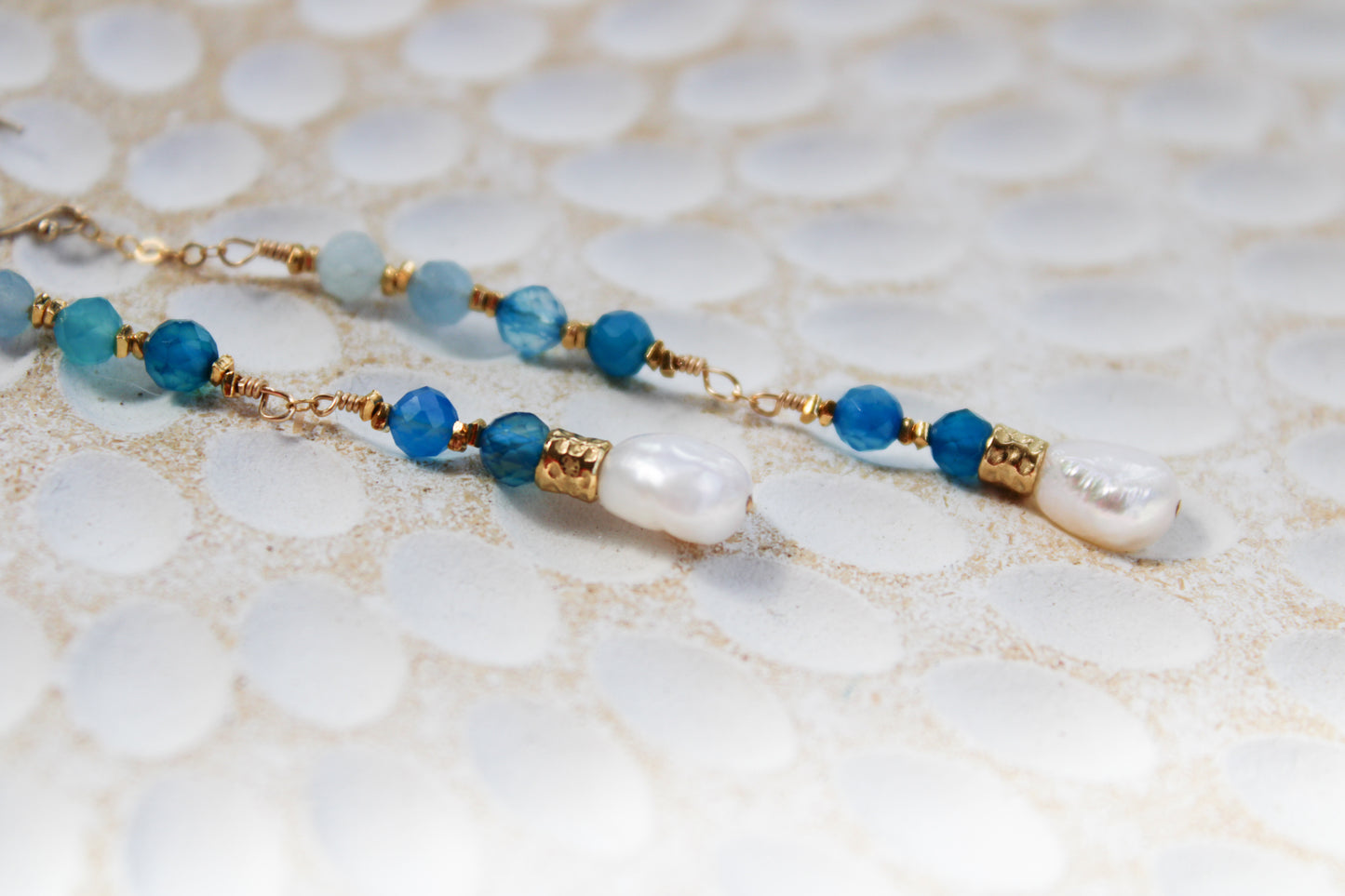 Indigo 14K Filled Gold, Genuine Freshwater Pearl, Blue Agate & Aquamarine Drop Earrings