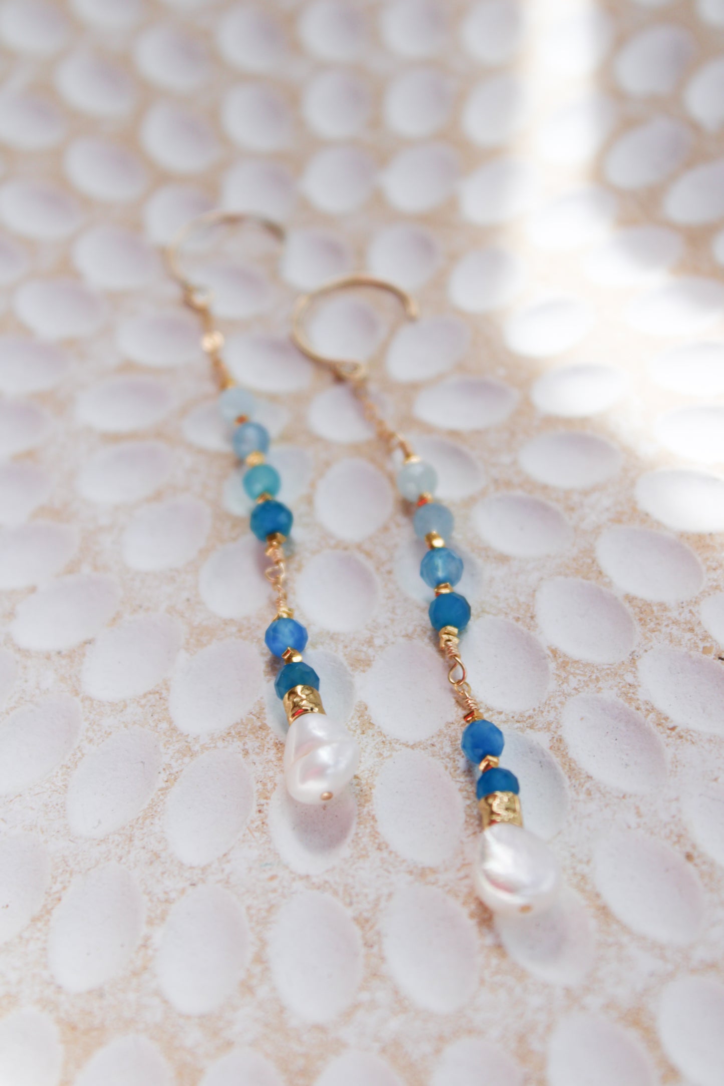 Indigo 14K Filled Gold, Genuine Freshwater Pearl, Blue Agate & Aquamarine Drop Earrings