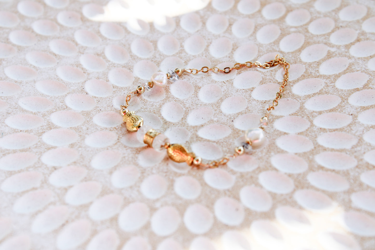 Dagon 14K Filled Gold, Genuine Freshwater Pearl, Moonstone & Herkimer Diamond Tribal Fish Bracelet