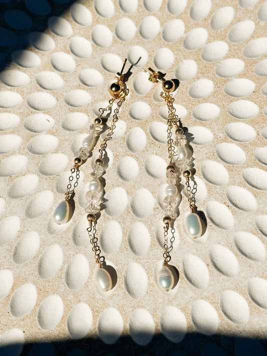 Ophelia 14k Filled Gold, Herkimer Diamond, Rose Quartz & Genuine Freshwater Pearl Drop Earrings