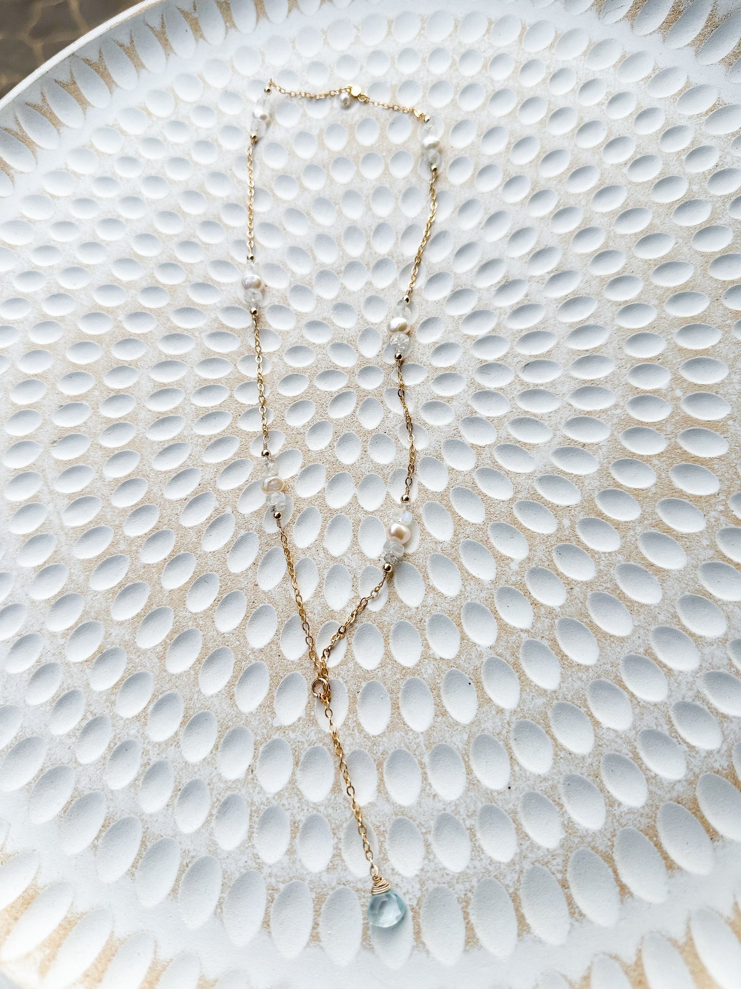 Arwen 14K Filled Gold, Herkimer Diamond, Moonstone, Blue Topaz & Genuine Freshwater Pearl Lariat Necklace