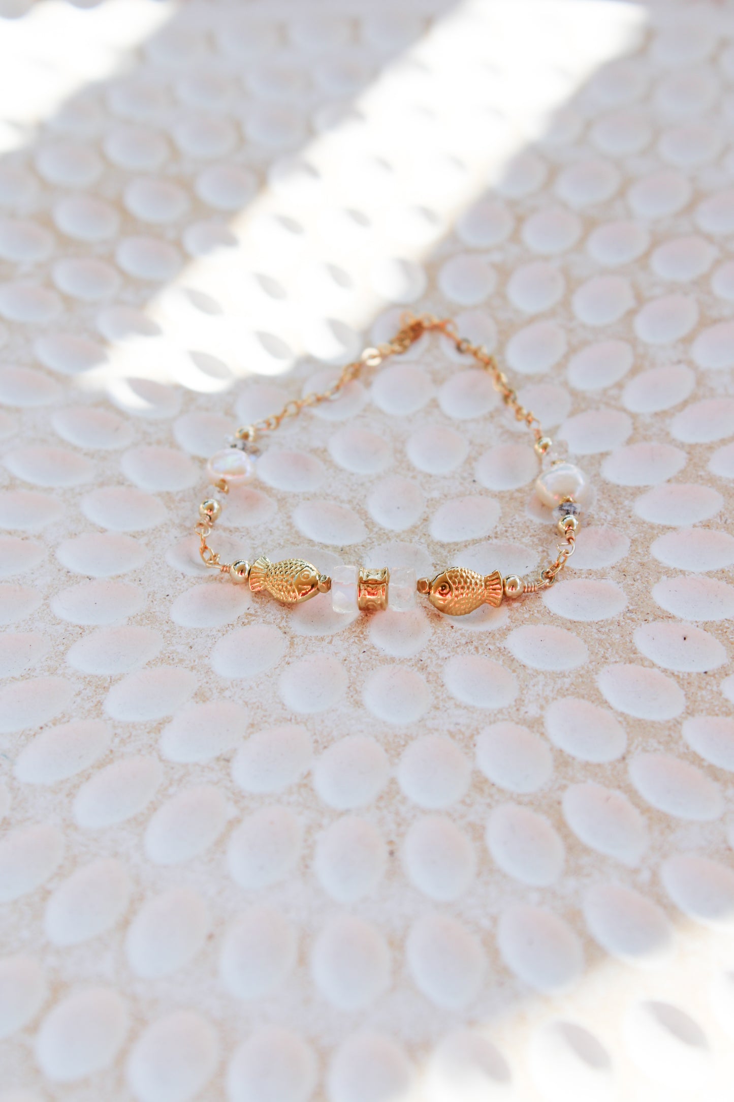 Dagon 14K Filled Gold, Genuine Freshwater Pearl, Moonstone & Herkimer Diamond Tribal Fish Bracelet