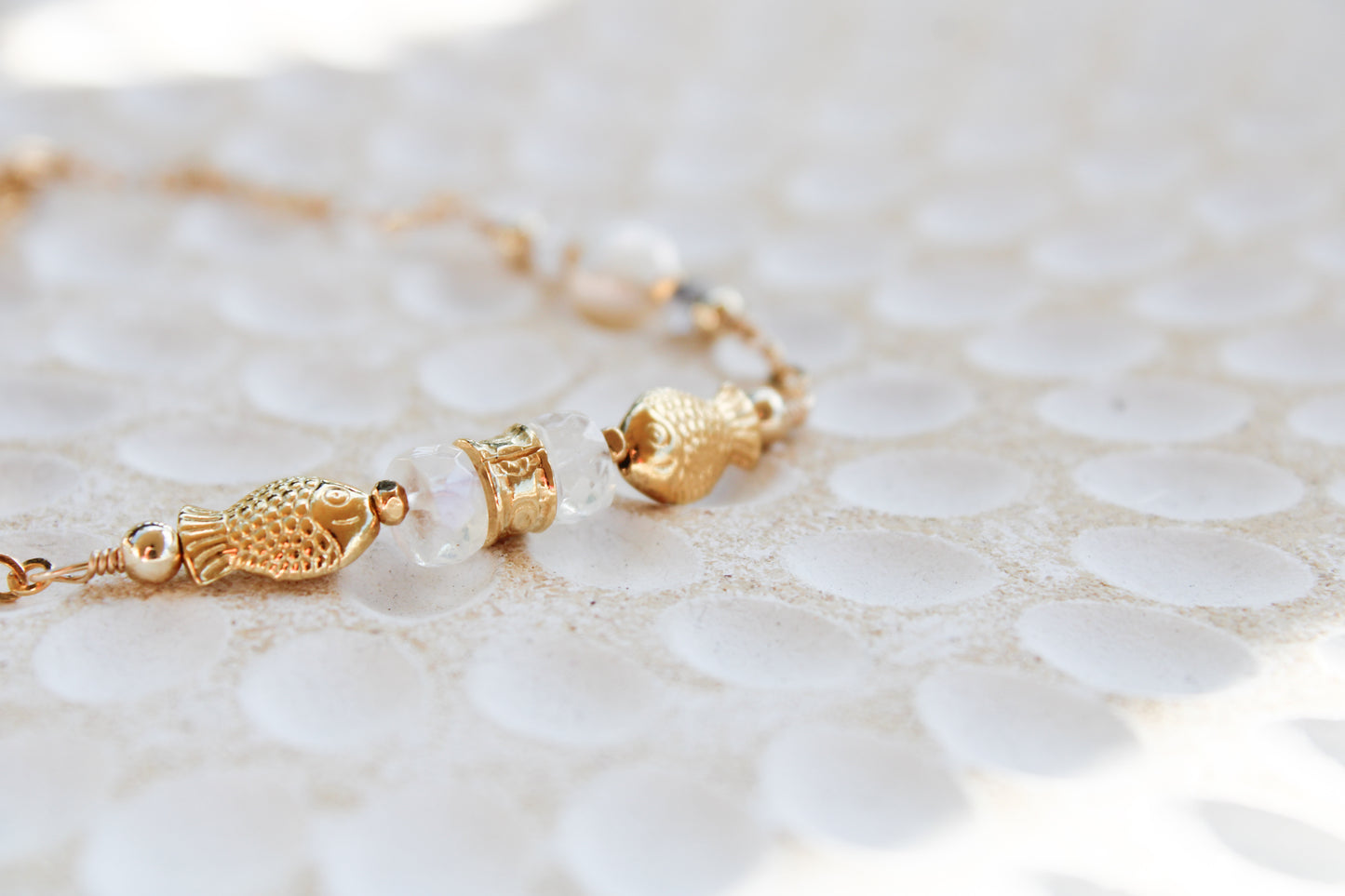 Dagon 14K Filled Gold, Genuine Freshwater Pearl, Moonstone & Herkimer Diamond Tribal Fish Bracelet