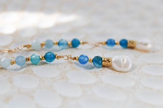 Indigo 14K Filled Gold, Genuine Freshwater Pearl, Blue Agate & Aquamarine Drop Earrings