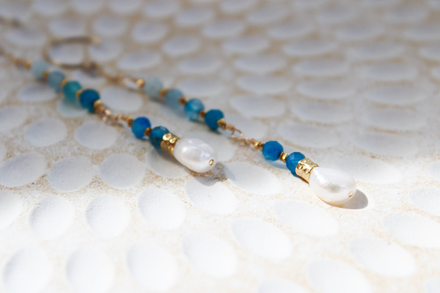 Indigo 14K Filled Gold, Genuine Freshwater Pearl, Blue Agate & Aquamarine Drop Earrings