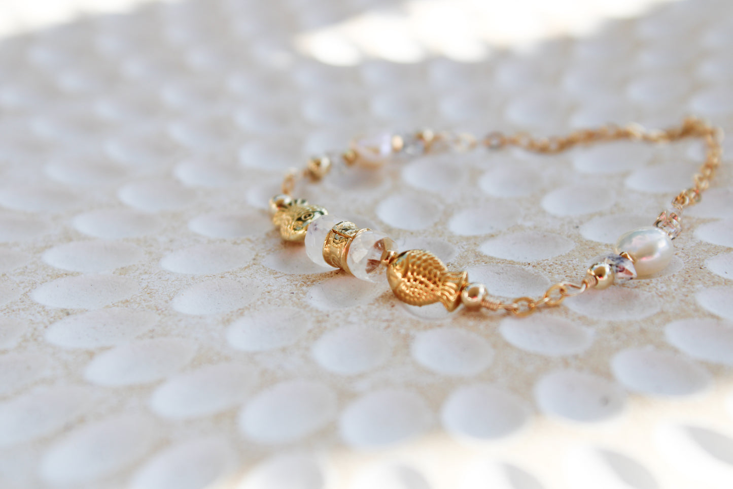 Dagon 14K Filled Gold, Genuine Freshwater Pearl, Moonstone & Herkimer Diamond Tribal Fish Bracelet
