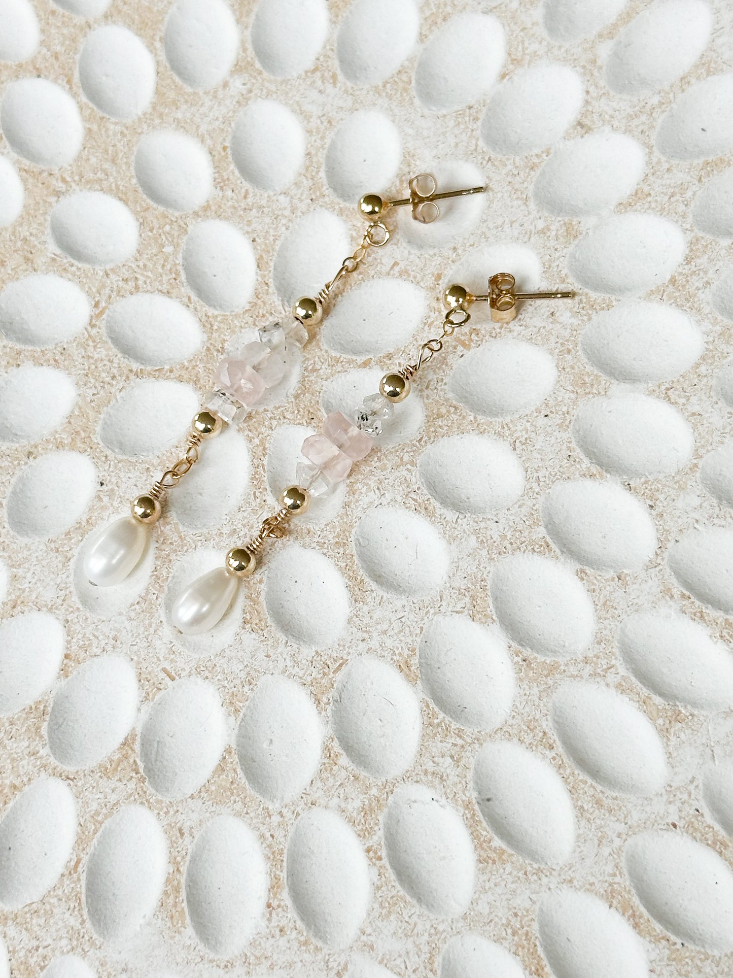 Bellini 14K Filled Gold, Herkimer Diamond, Rose Quartz and Genuine Freshwater Pearl Drop Earrings