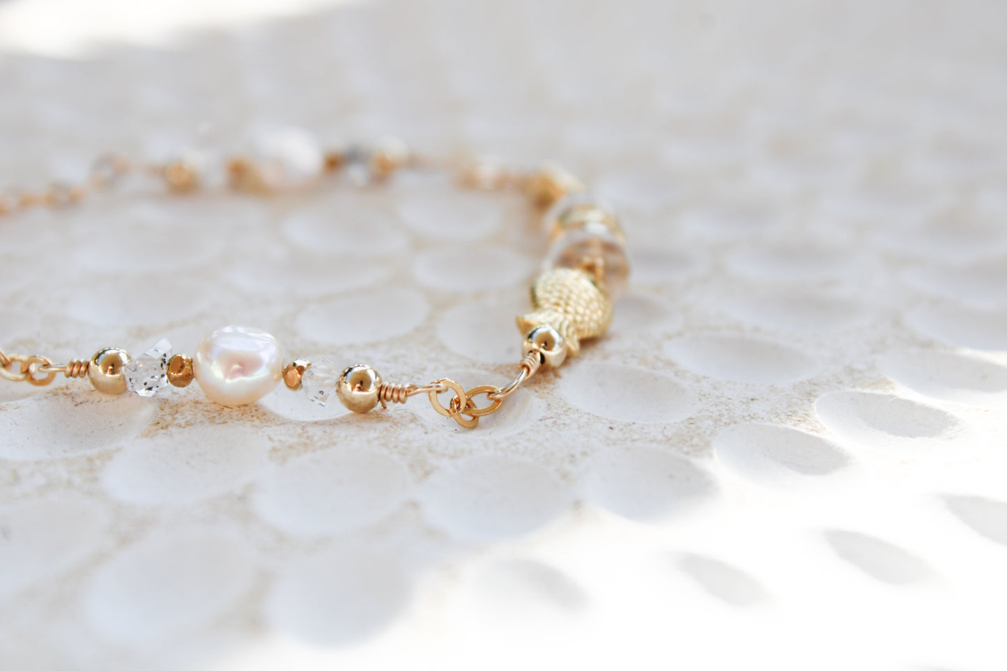 Dagon 14K Filled Gold, Genuine Freshwater Pearl, Moonstone & Herkimer Diamond Tribal Fish Bracelet