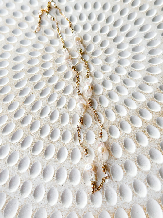 Titania 14K Filled Gold, Herkimer Diamond, Rose Quartz & Genuine Pearl Necklace