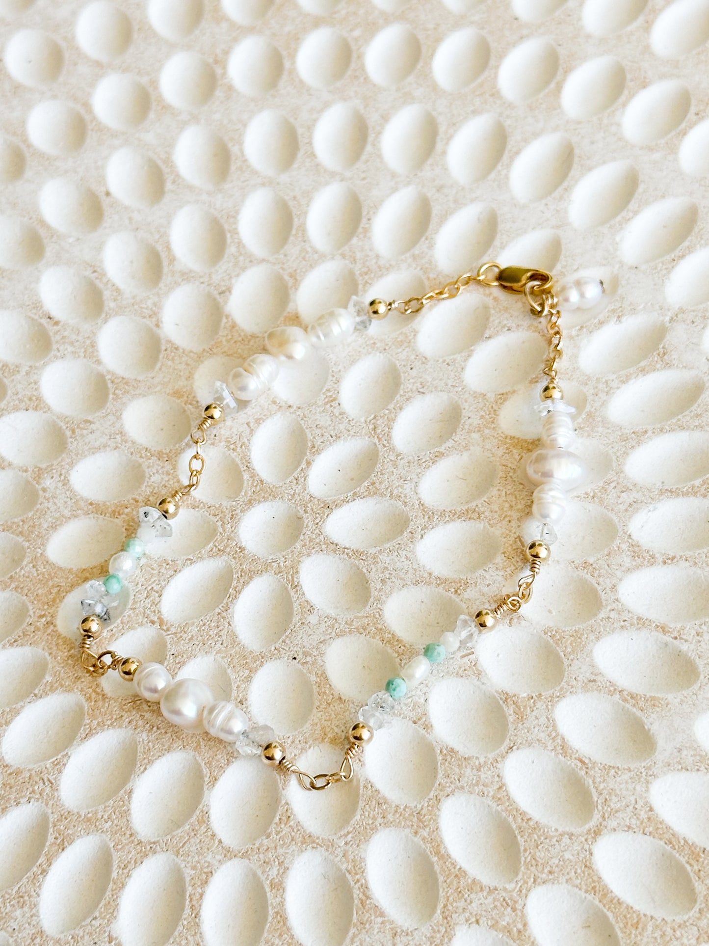 Inti 14K Filled Gold, Herkimer Diamond, Peruvian Turquoise and genuine Freshwater Pearl Bracelet