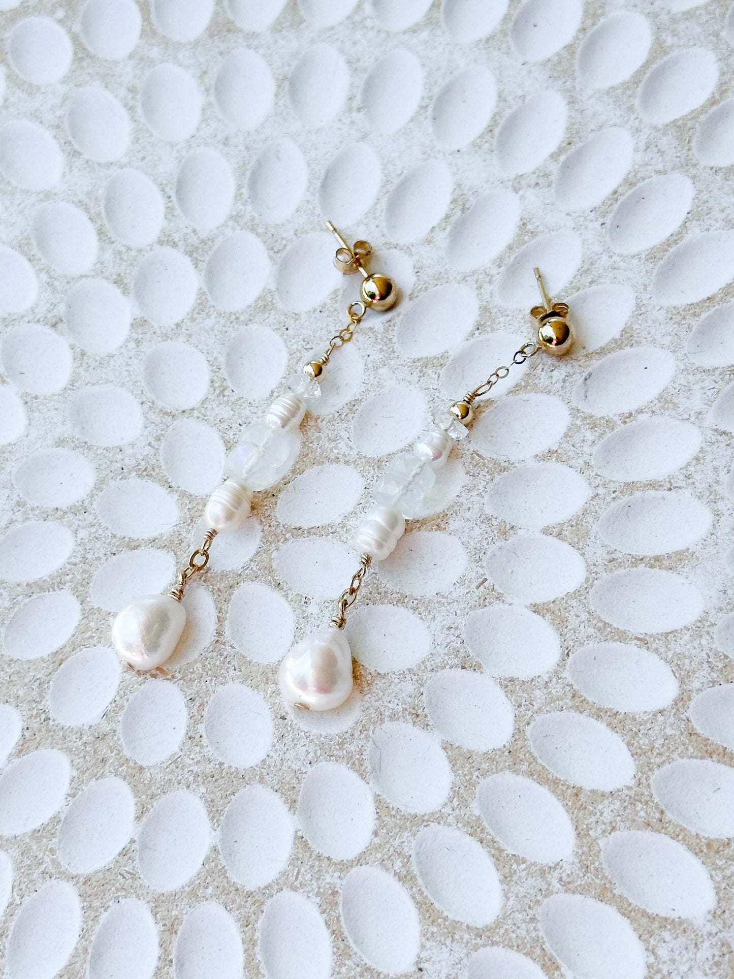 Amaya 14K Filled Gold, Herkimer Diamond, Moonstone and genuine Freshwater Pearl Drop Earrings