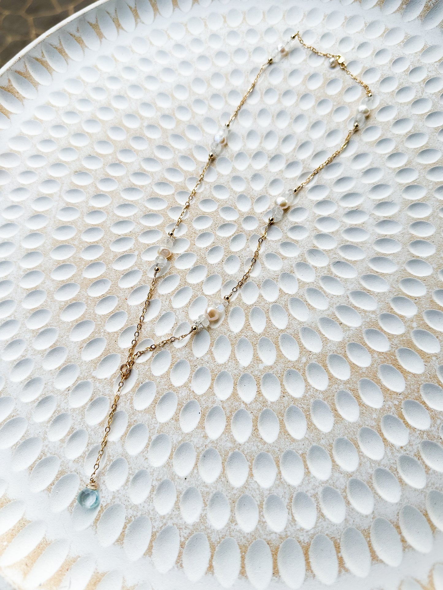 Arwen 14K Filled Gold, Herkimer Diamond, Moonstone, Blue Topaz & Genuine Freshwater Pearl Lariat Necklace
