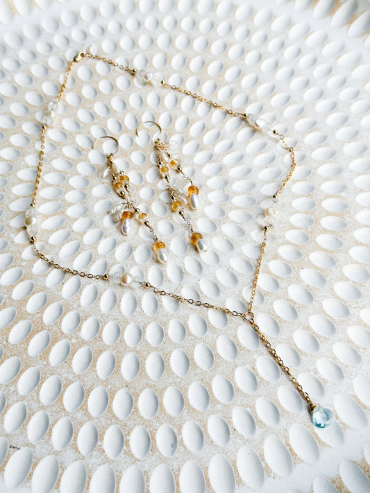 Arwen 14K Filled Gold, Herkimer Diamond, Moonstone, Blue Topaz & Genuine Freshwater Pearl Lariat Necklace