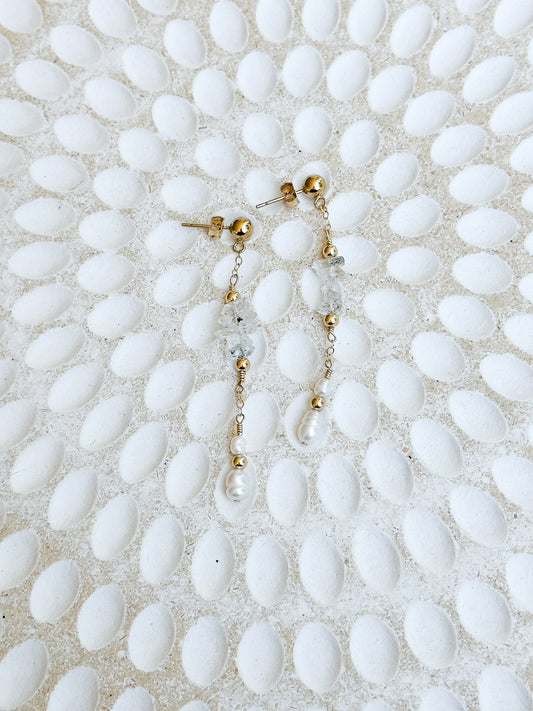 Bridgette 14K Filled Gold, Herkimer Diamond and Genuine Freshwater Pearl Drop Earrings