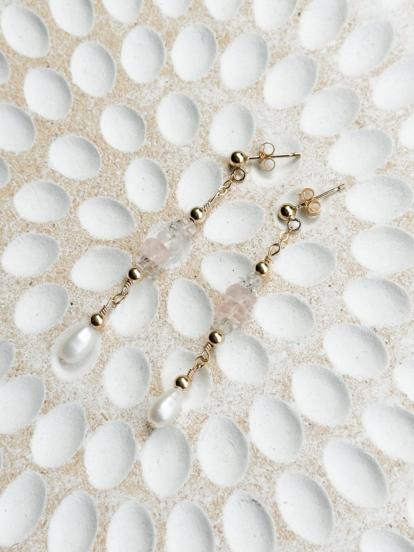 Bellini 14K Filled Gold, Herkimer Diamond, Rose Quartz and Genuine Freshwater Pearl Drop Earrings