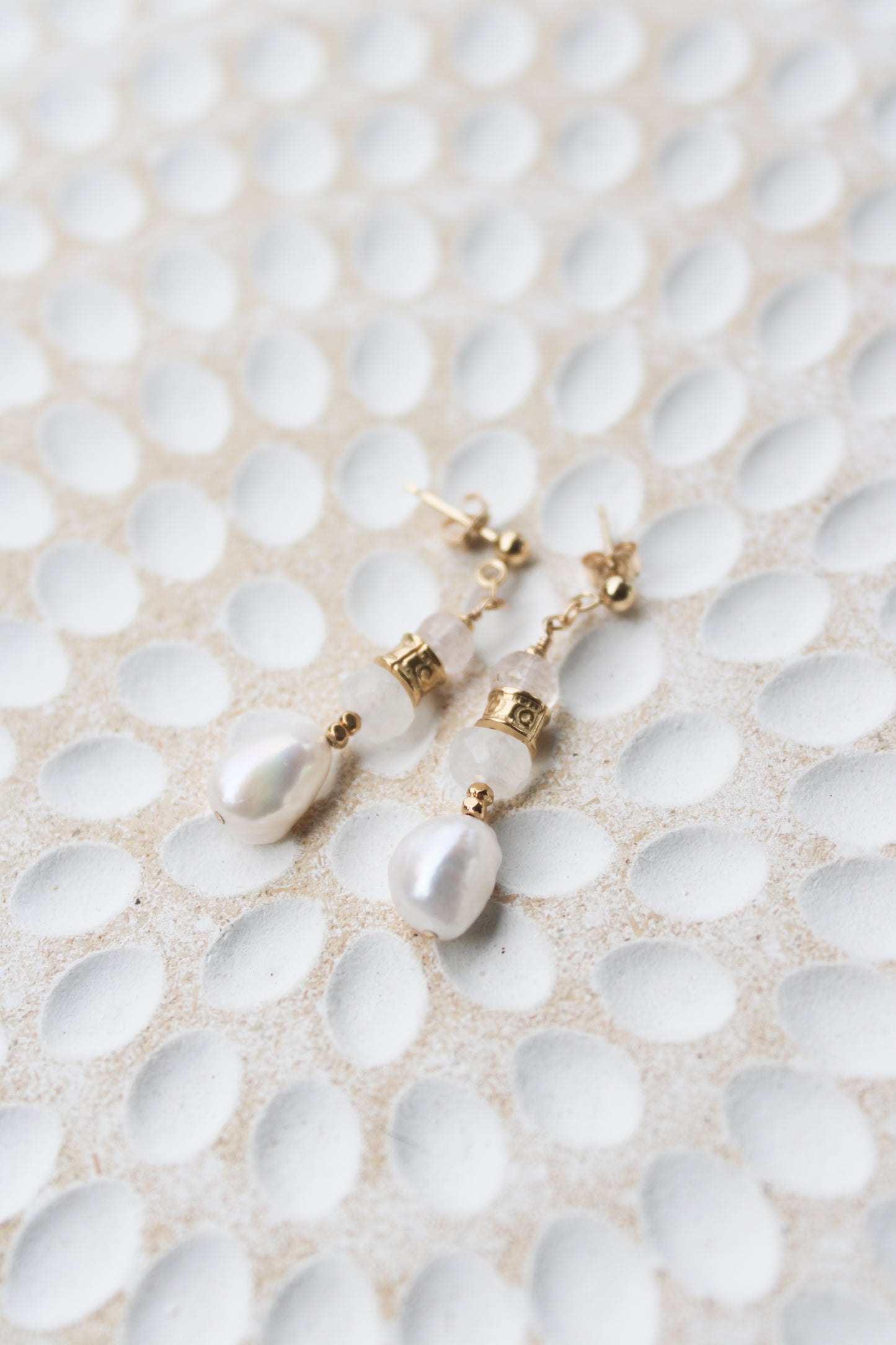 Rome 14K Filled Gold, Moonstone, Rose Quartz and Genuine Freshwater Pearl Drop Earrings