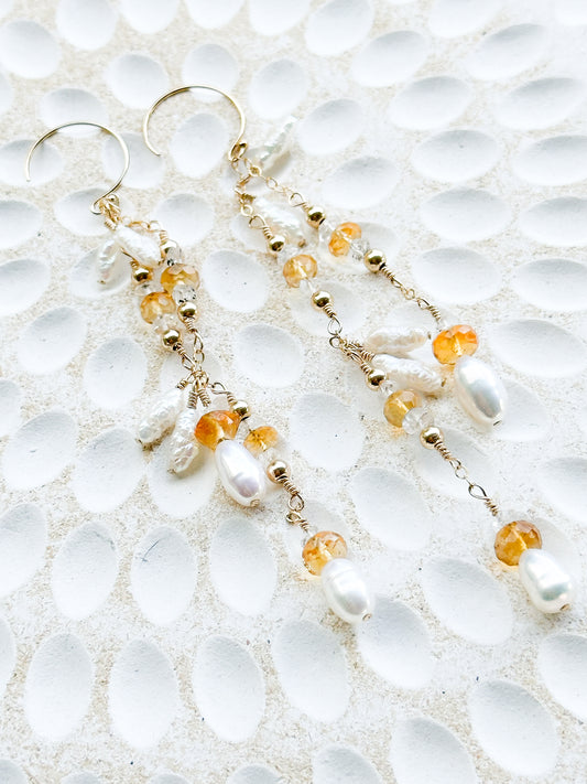 Daphne 14K Filled Gold, Herkimer Diamond, Citrine & Genuine Freshwater Keshi Pearl Earrings
