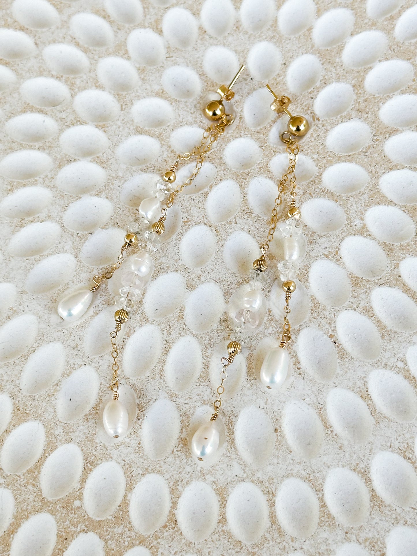 Ophelia 14k Filled Gold, Herkimer Diamond, Rose Quartz & Genuine Freshwater Pearl Drop Earrings