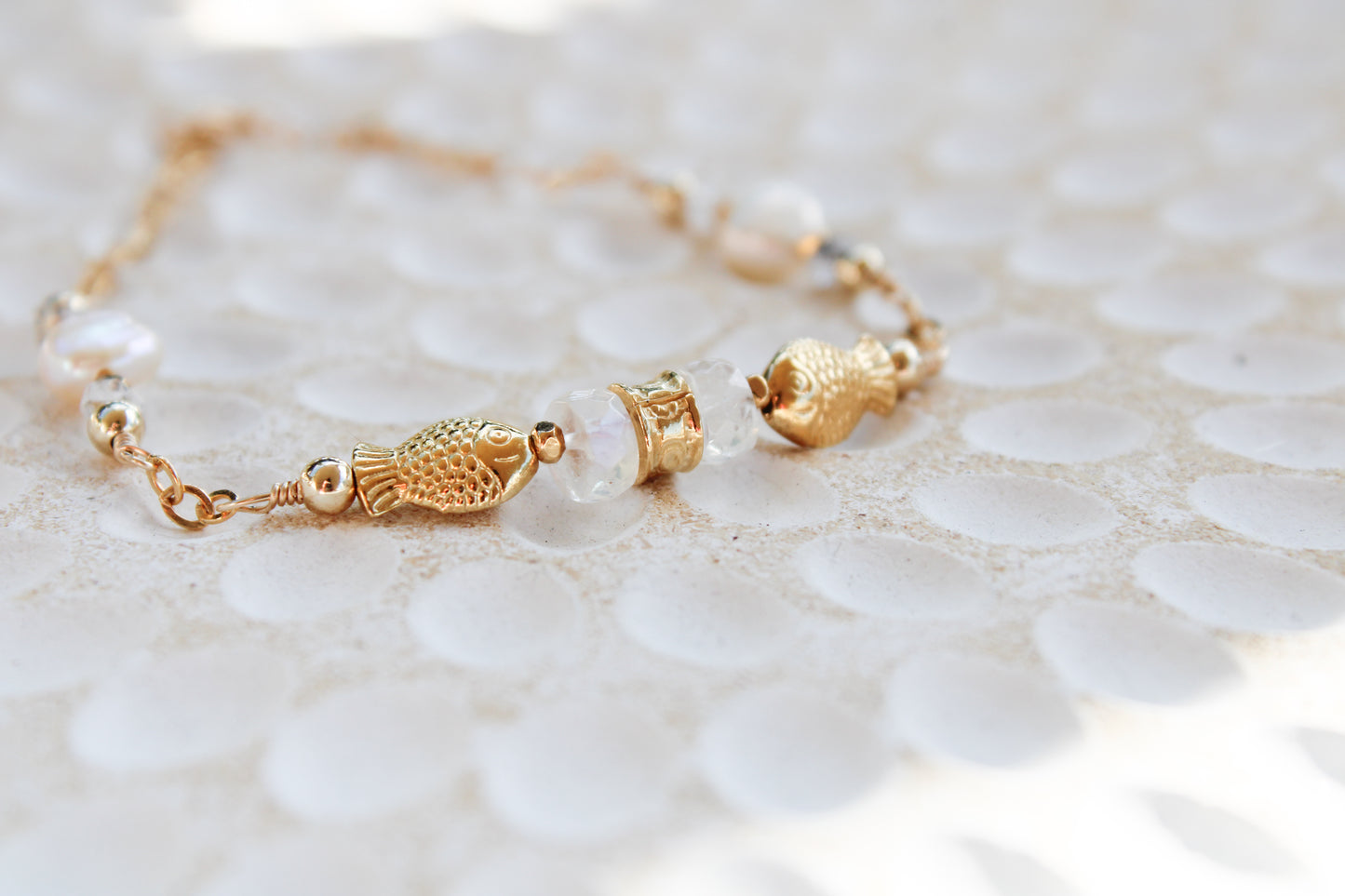 Dagon 14K Filled Gold, Genuine Freshwater Pearl, Moonstone & Herkimer Diamond Tribal Fish Bracelet