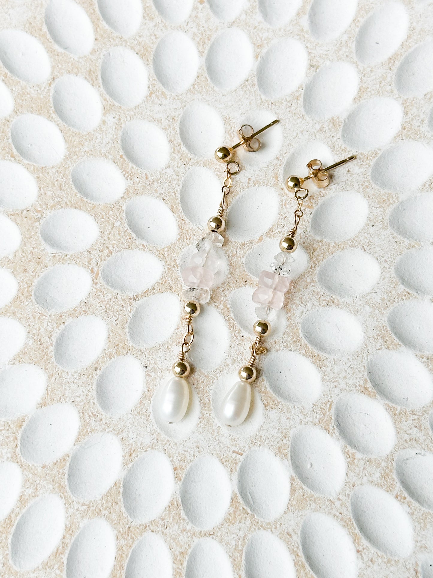 Bellini 14K Filled Gold, Herkimer Diamond, Rose Quartz and Genuine Freshwater Pearl Drop Earrings