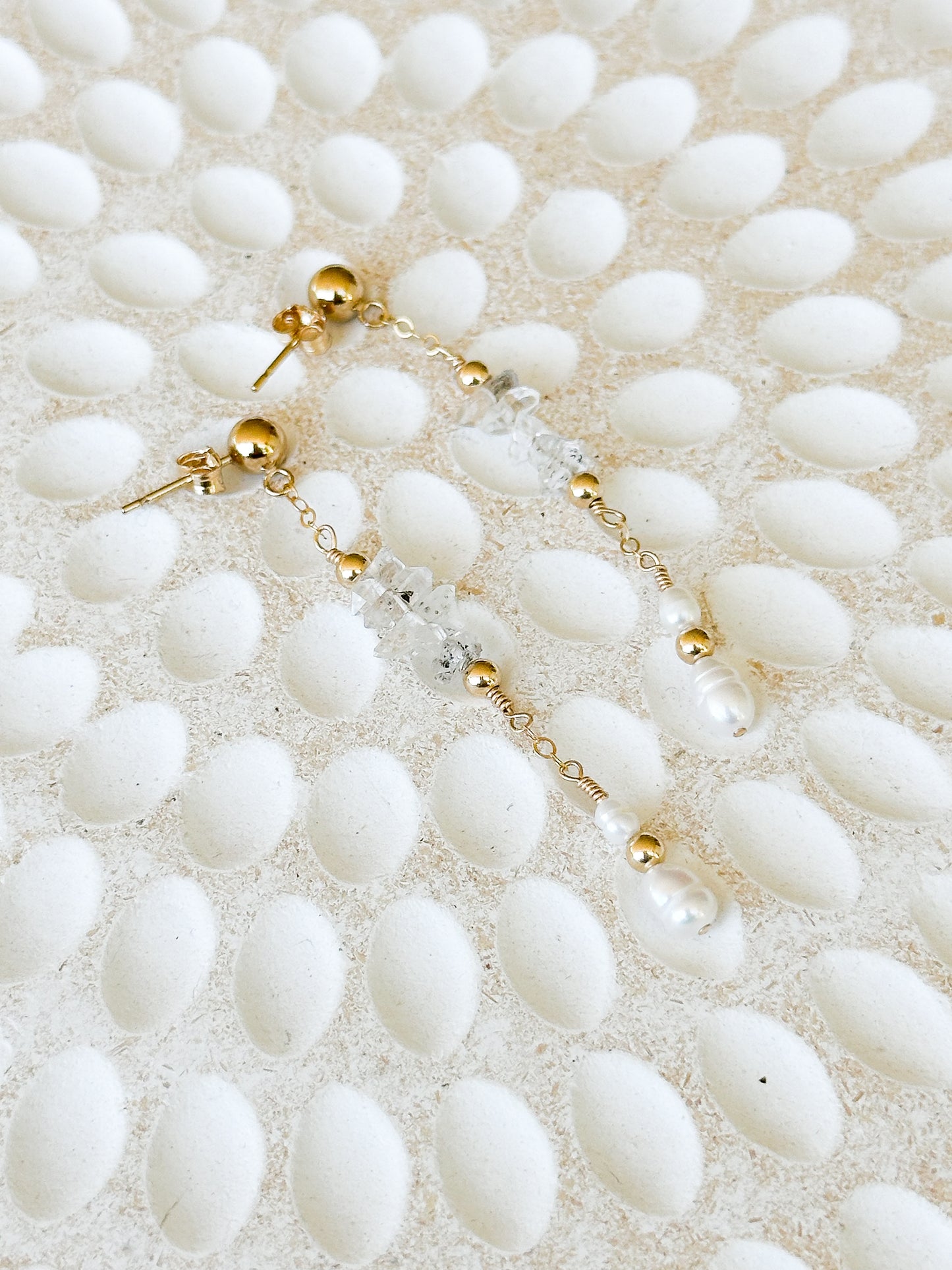 Bridgette 14K Filled Gold, Herkimer Diamond and Genuine Freshwater Pearl Drop Earrings