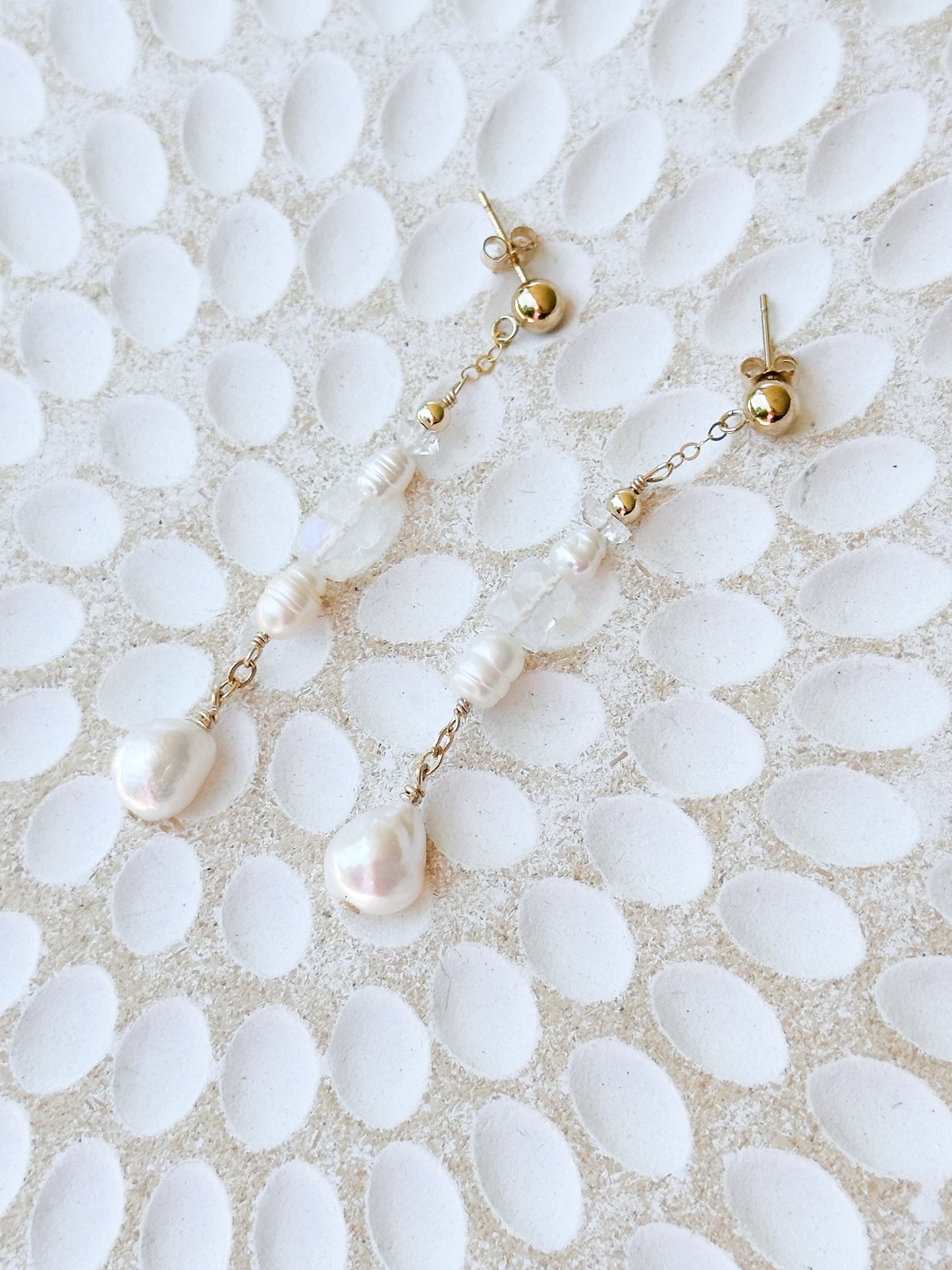 Amaya 14K Filled Gold, Herkimer Diamond, Moonstone and genuine Freshwater Pearl Drop Earrings