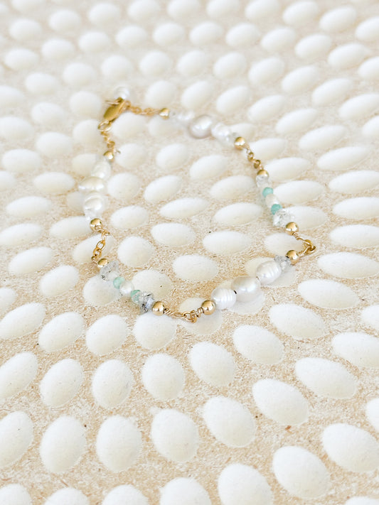 Inti 14K Filled Gold, Herkimer Diamond, Peruvian Turquoise and genuine Freshwater Pearl Bracelet