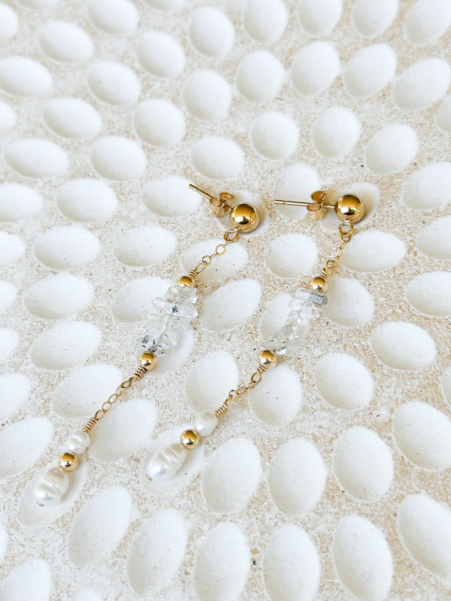 Bridgette 14K Filled Gold, Herkimer Diamond and Genuine Freshwater Pearl Drop Earrings