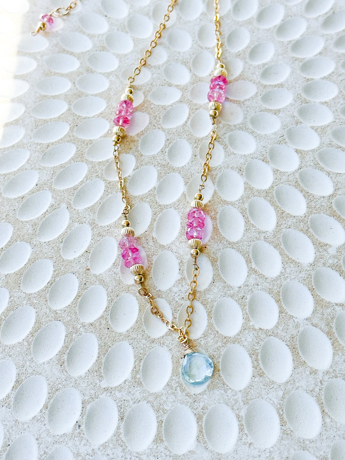 “Sweet Serenity” Pink Topaz & Blue Topaz 14k Gold Filled Necklace