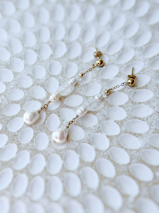 Amaya 14K Filled Gold, Herkimer Diamond, Moonstone and genuine Freshwater Pearl Drop Earrings