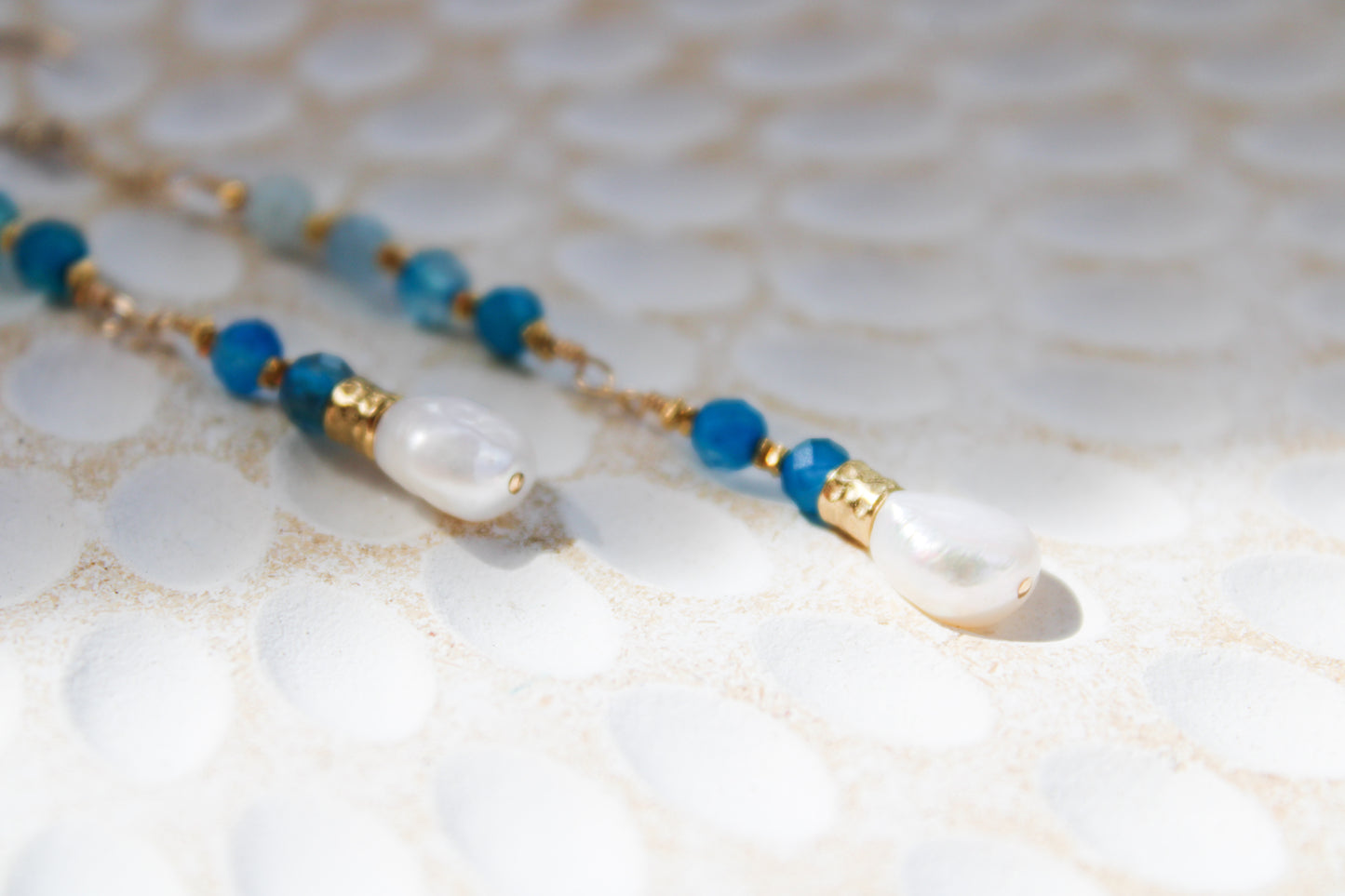 Indigo 14K Filled Gold, Genuine Freshwater Pearl, Blue Agate & Aquamarine Drop Earrings