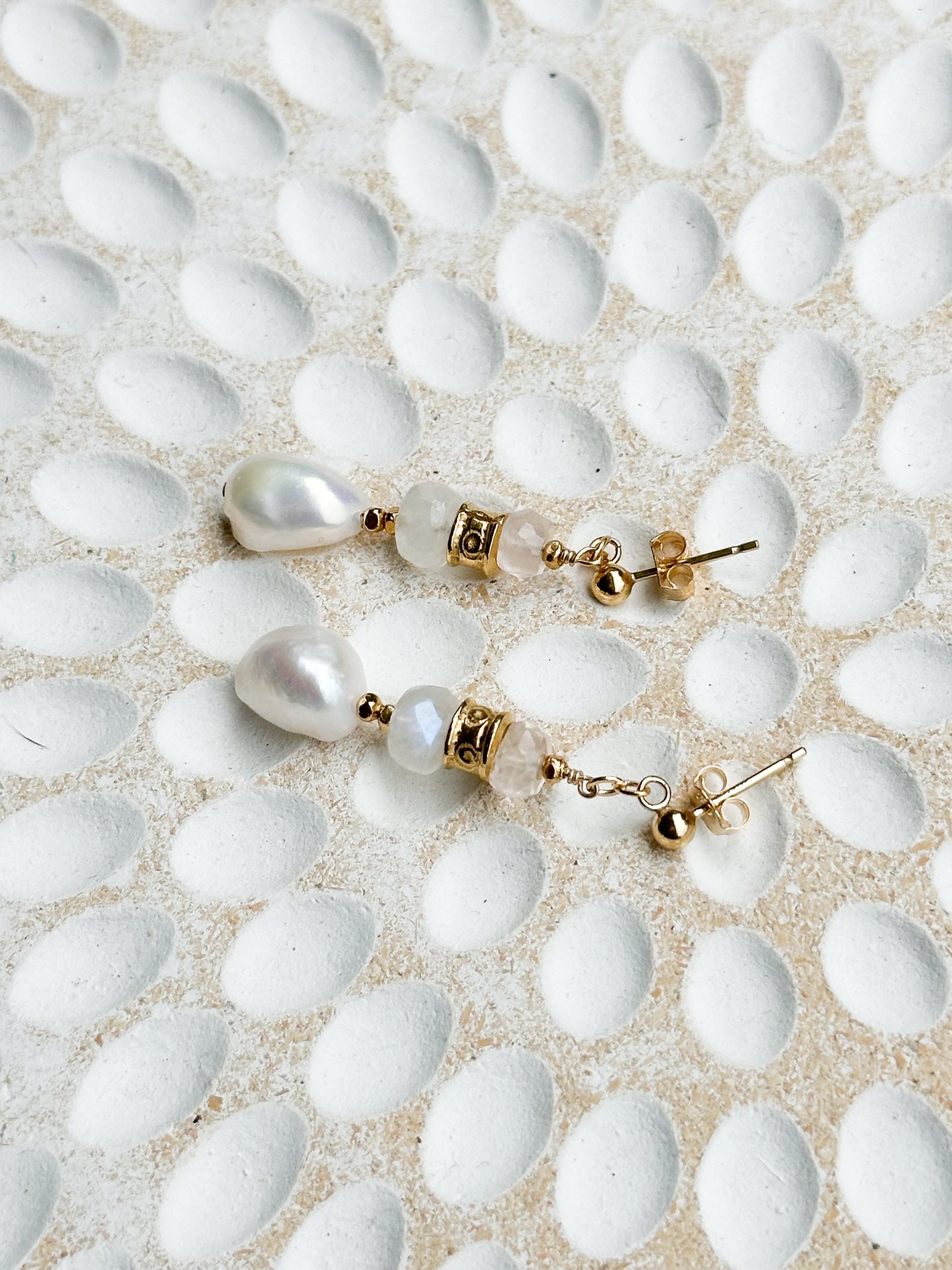 Rome 14K Filled Gold, Moonstone, Rose Quartz and Genuine Freshwater Pearl Drop Earrings