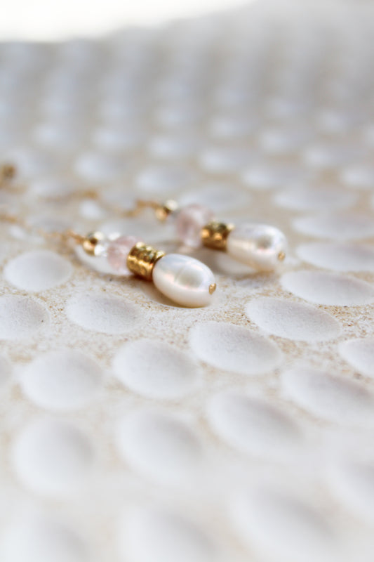 Rosario 14K Filled Gold, Genuine Freshwater Pearl, Rose Quartz & Herkimer Diamond Drop Earrings