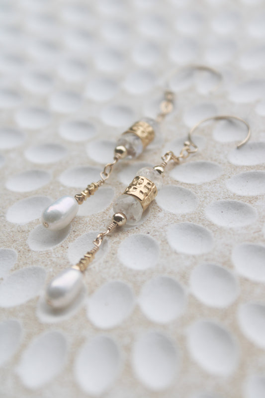 Helionos 14K Filled Gold, Moonstone and Genuine Freshwater Pearl Earrings