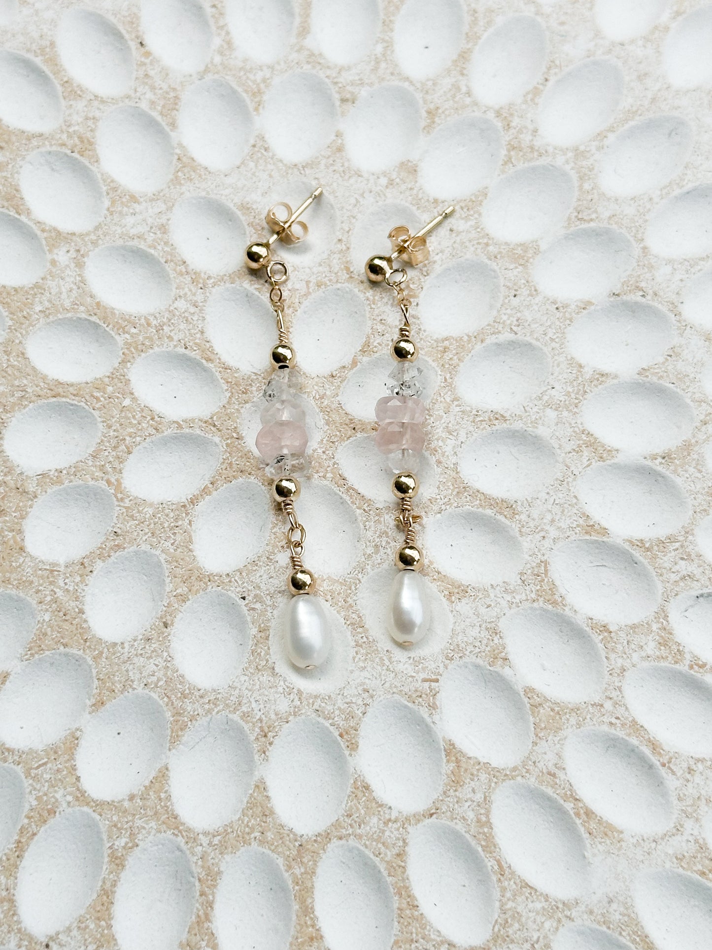 Bellini 14K Filled Gold, Herkimer Diamond, Rose Quartz and Genuine Freshwater Pearl Drop Earrings