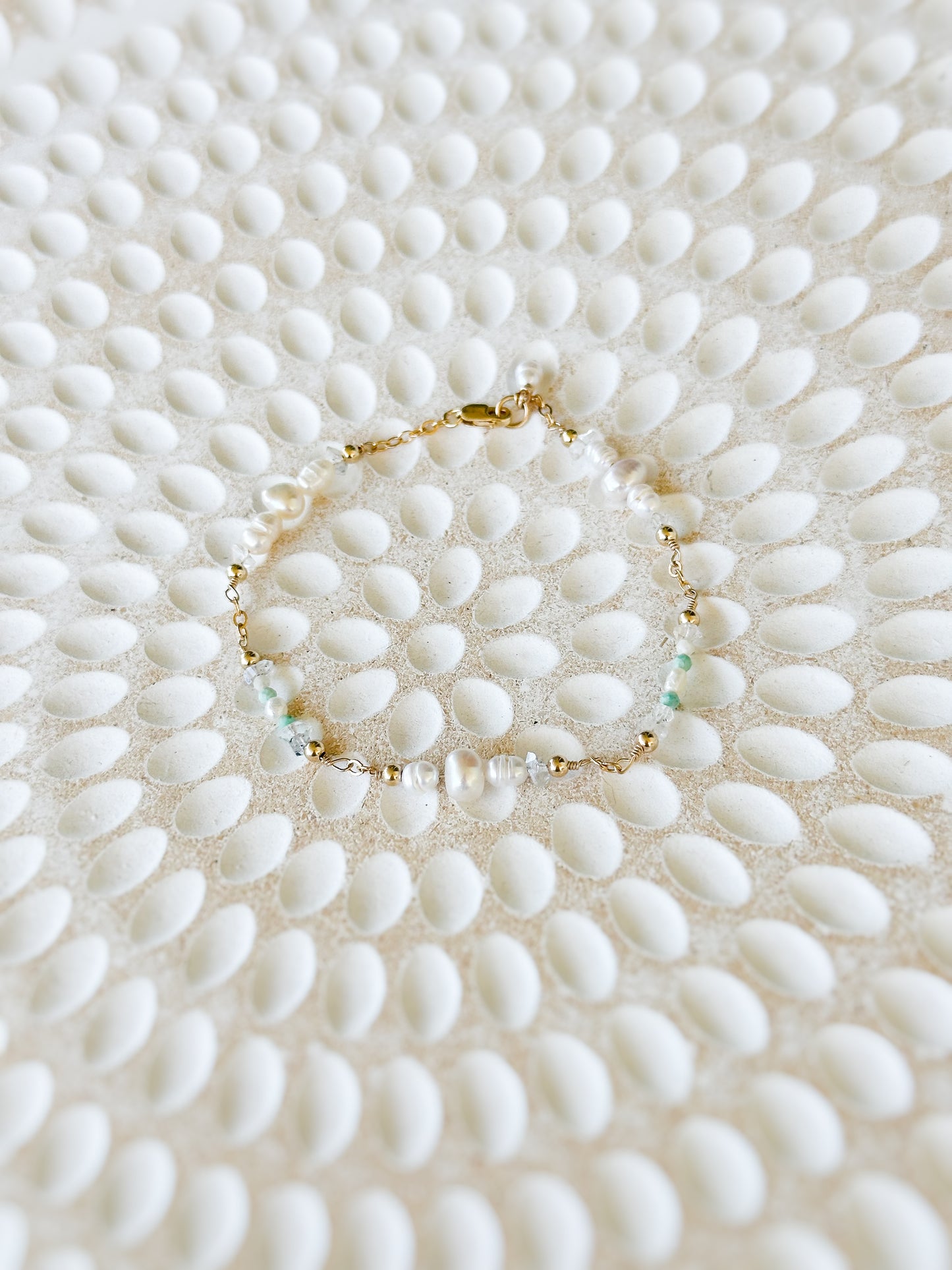Inti 14K Filled Gold, Herkimer Diamond, Peruvian Turquoise and genuine Freshwater Pearl Bracelet